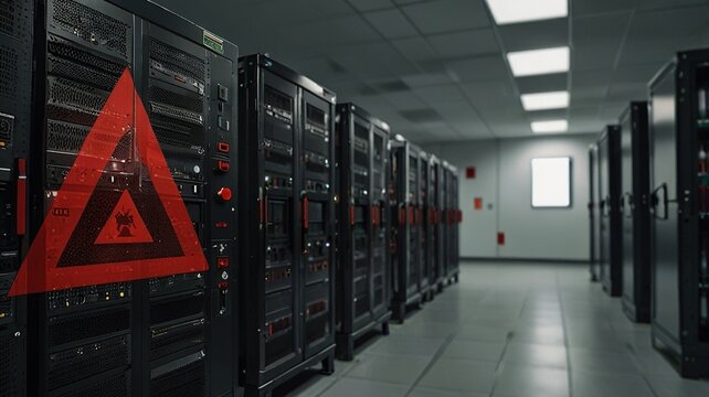 Data Breach Alert: Server Room under Cyberattack with Red Warning Sign - Powered by Adobe