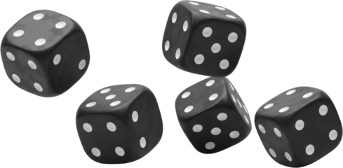 Four Black Dice with White Dots Falling in Mid Air Casino Game Concept