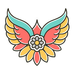 Floral wings vector graphic, colorful flower art illustration, symmetrical blossom element, nature inspired pattern, decorative motif image, mandala vector design