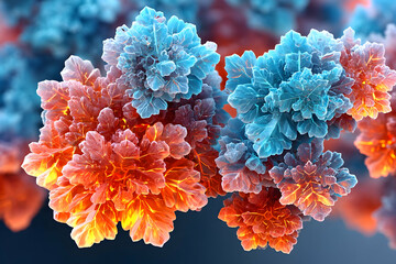 Abstract fractal art; vibrant, ornate, blue and orange structures resembling frosty flowers or crystals