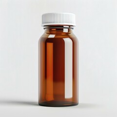 Amber Glass Medicine Bottle with Childproof Cap on White Background for Medical or Pharmaceutical Use