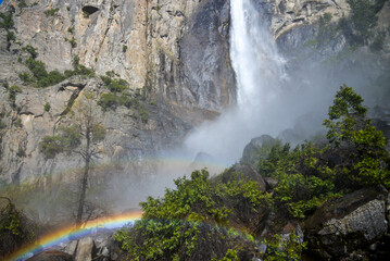 Beautiful double rainbow in front of Bridalveil Falls located in Yosemetie National Park in California