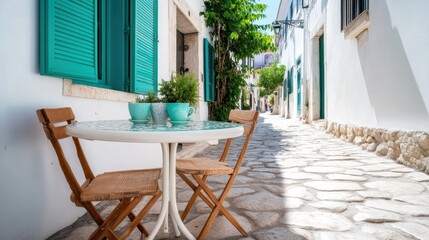 A colorful bistro table set in a narrow alley filled with charming architecture, creating a delightful dining experience full of personality and welcoming ambiance.