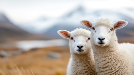 Fototapeta premium A pair of adorable white sheep stand close together, framed by a breathtaking mountainous landscape that enhances the charm of this pastoral scene, perfect for nature lovers.