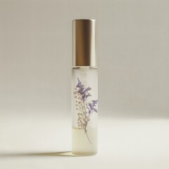 Elegant roll-on perfume bottle with natural lavender infusion on a neutral surface featuring frosted glass and a gold cap