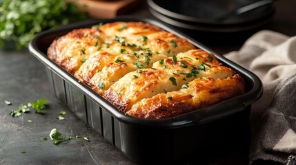Delicious cheesy potato bake recipe in baking pan with parsley garnish ready to serve and eat now