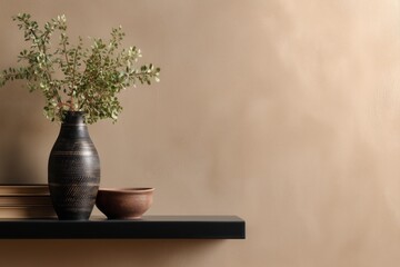 Elegant Beige and Brown Wall Mockup with Clay Vase – Minimalist Shelf Styling and Copy Space