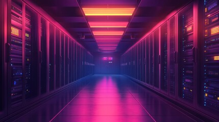 Neon-lit server room corridor; data center, glowing racks, futuristic background; technology, networking