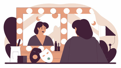 Illustration in the flat style of the actress in front of the mirror in the dressing room