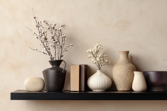 Elegant Beige and Brown Wall Mockup with Clay Vase &ndash; Minimalist Shelf Styling and Copy Space