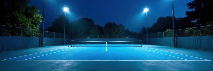 Night scene, blue tennis court, illuminated by floodlights , night, activity, lines