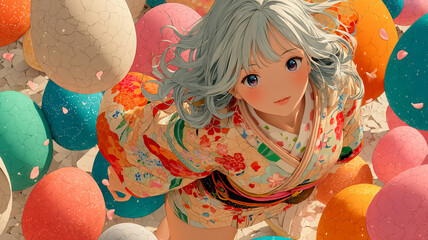 Easter anime greeting card. Bright anime Easter. Anime rabbit.