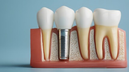 Obraz premium Detailed dental implant model displaying the screw, abutment, and crown seated in a cross-section of gum and bone against a light blue background. 