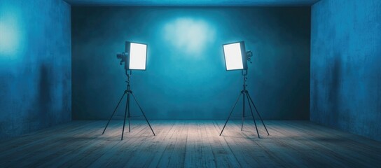 Photo of two light stands on the floor in an empty room with blue walls, soft lighting, wooden flooring, and three square lights shining from above.