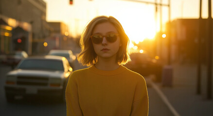 Uma jovem mulher caucasiana com cabelos loiros na altura dos ombros, vestindo um suéter amarelo e óculos de sol, parada em uma rua da cidade ao pôr do sol
