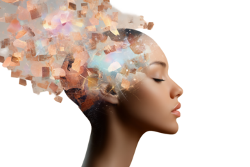 Evocative Blend of Identity and Creativity Showcases a Woman With Vibrant, Colorful Textures Flowing From Her Mind