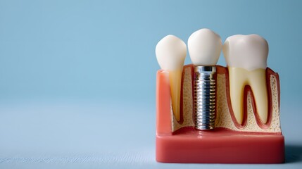 Fototapeta premium Detailed dental implant model displaying the screw, abutment, and crown seated in a cross-section of gum and bone against a light blue background. 