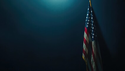 An American flag on the right side of an empty, dark blue background.