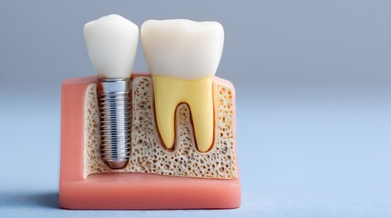 Obraz premium Detailed dental implant model displaying the screw, abutment, and crown seated in a cross-section of gum and bone against a light blue background. 