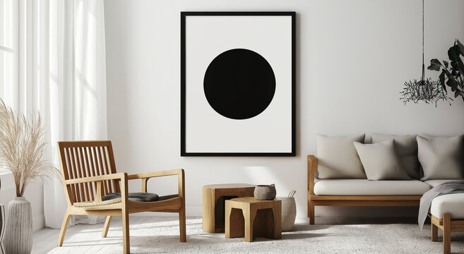 Uma impress&atilde;o art&iacute;stica abstrata minimalista em preto e branco com um formato circular e um quadrado menor no interior, exibida em uma sala de estar moderna com m&oacute;veis e decora&ccedil;&atilde;o de madeira