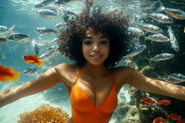 A gorgeous and sexy happy mixed-race young woman with curly hair in a swimming mask and fins snorkeling among the corals. Bright commercial style image. Woman exploring the sea floor.