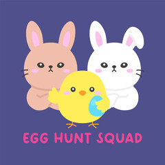 Easter Egg Hunt Squad with Two Bunnies and Yellow Chick Holding Egg