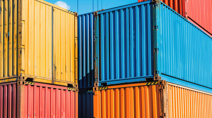 Stacked shipping containers at busy port with cranes, symbolizing global logistics and international trade tariffs, industrial transport and supply chain concept.
