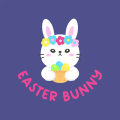 Adorable Easter Bunny Holding Basket of Eggs with Flower Crown