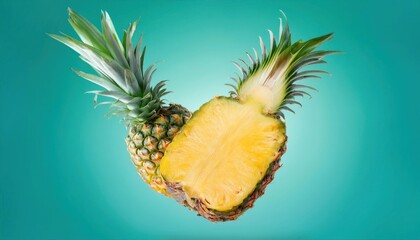 Pineapple Whole and Sliced with Leaves Floating on Yellow Background Zero Gravity Fresh Fruit Concept