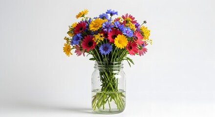 Obraz premium Colorful bouquet of wildflowers in a glass jar set against a plain background, showcasing the beauty of nature in spring Generative AI