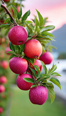 Obraz premium Ripe pink apples on a tree branch, sunset background