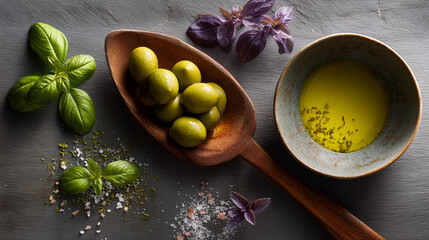 Overhead shot of green olives in a wooden spoon, olive oil in a bowl, and fresh basil leaves, scattered with salt on a gray surface, showcasing Mediterranean cuisine ingredients