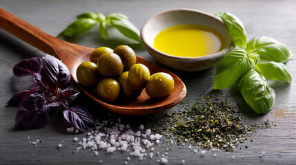 Green olives on wooden spoon, olive oil in bowl, basil leaves, and sea salt on grey surface, showcasing Mediterranean cuisine ingredients, representing freshness and healthy eating