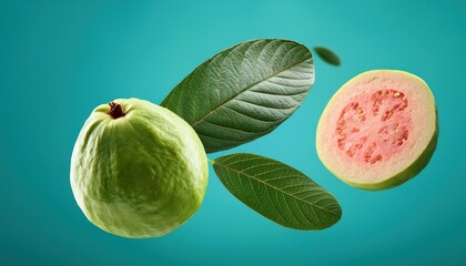 Fresh Ripe Whole and Halved Guava with Leaves Floating in the Air on Turquoise Background Zero Gravity Concept