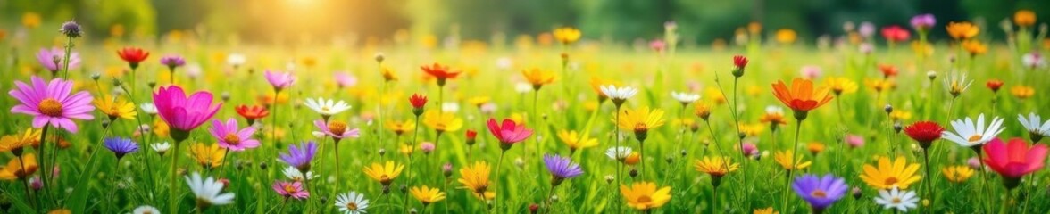 vibrant wildflowers, checkered blanket, summer meadow, serene, light