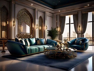 Luxurious Living Room with Teal and Gold Decor