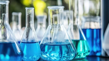 Lab glassware, blue liquids, science experiment, research, outdoor background