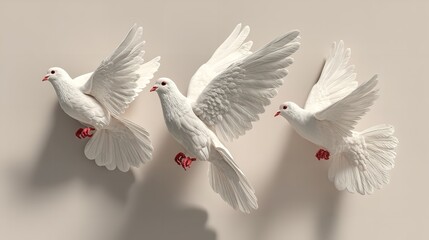 3D Illustration of Three White Doves Flying on a Light Background, Top View – International Day of Peace Concept with Copy Space for Design