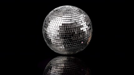 Highly reflective disco ball covered in small square mirrors, floating slightly above a surface, casting subtle reflections against a solid black background for a sleek studio shot.  