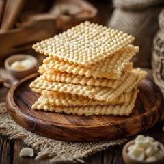 Stack of crispy, golden-brown, waffle-like crackers, likely sweet, on a wooden plate