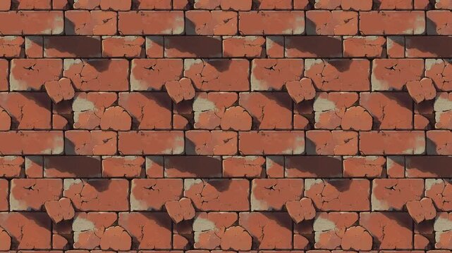 Seamless looping video pattern of crumbling red-orange bricks in a broken wall.