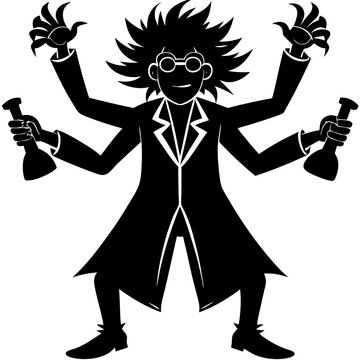 A silhouette of a mad scientist with test tubes, flat black vector