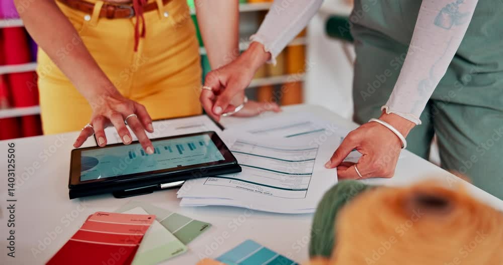 Aufkleber business, hands and creative on tablet with paperwork for growth or planning textile orders with gra