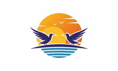 Fototapeta premium Download Birds At Sunset Vector Logo On White Background - Simple Design With Flat Colors And Sunset Lighting Svg File For Design.