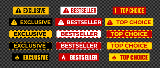 Naklejka premium Exclusive, Bestseller And Top Choice Labels In Warning Style For Promotion, Marketing, Advertising, Product Highlight, Sale, Retail, Shopping Banner Design. Vector Illustration.
