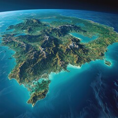 A stunning aerial view of a lush island featuring mountains, coastlines, and vibrant blue waters, showcasing the beauty of nature's landscapes.