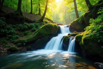 Obraz premium Sunlit waterfall cascades down mossy rocks in lush green forest , image, trees
