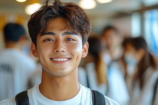 Smiling young man with dimples amidst a blurry crowd in soft, warm light