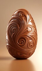Ornate Brown Chocolate Easter Egg with Swirl Decorations and Brown Background