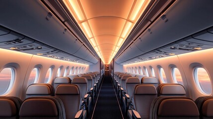 A modern airplane interior showcasing rows of comfortable seats with ambient lighting, creating a welcoming travel atmosphere.
